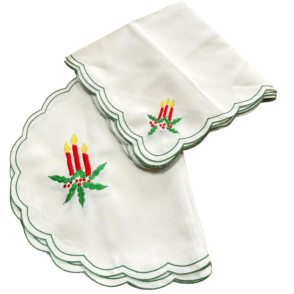 Vintage Christmas Set 4 embroidery placemats & napkins red candle holly berries